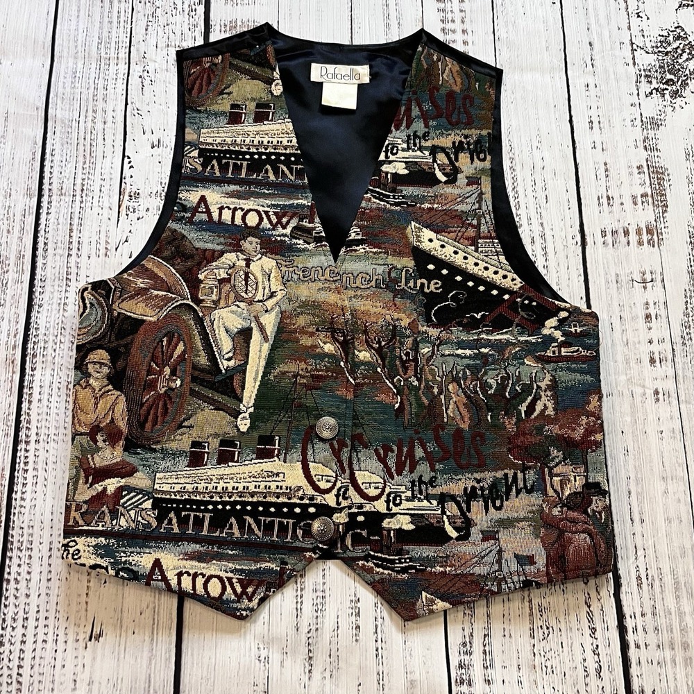 Vintage 90s Rafaella Tapestry Vest Women's M Nautical Travel Grandma